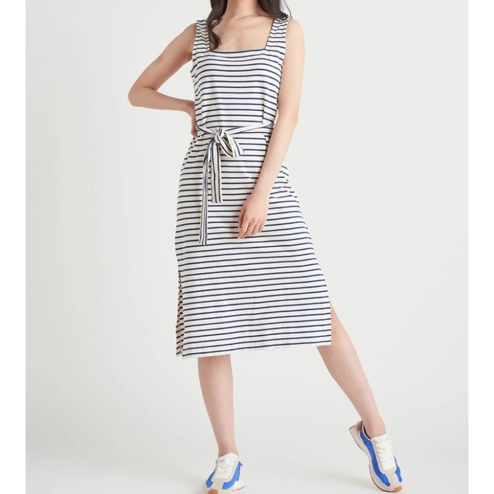 Dex Belted Knit Striped Dress